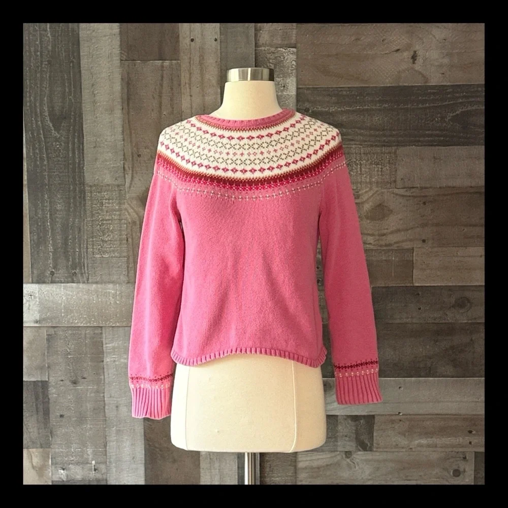 Lands’ End pink knit Nordic pattern sweater girls size 14 preppy holiday winter